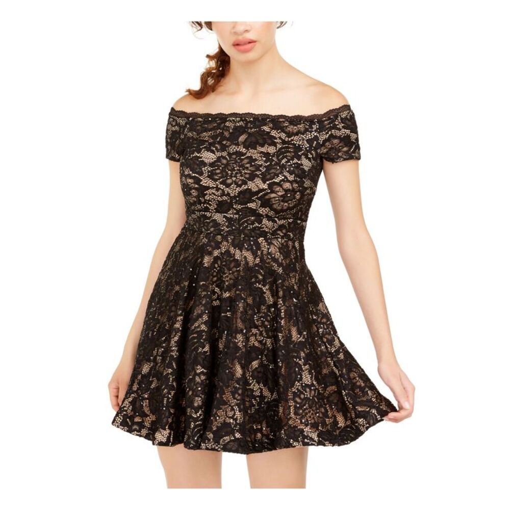 B DARLIN Womens Fit + Flare Short Dress Black Off Shoulder Party Juniors 1\2